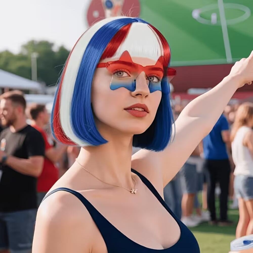 USA Soccer Fan Costume Kit Patriotic Bob Wig with Hair Cap Glasses Halloween New